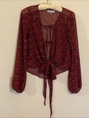 Harper & Me Red Floral Tie-Front Sheer Blouse with Long Sleeves Button Missing